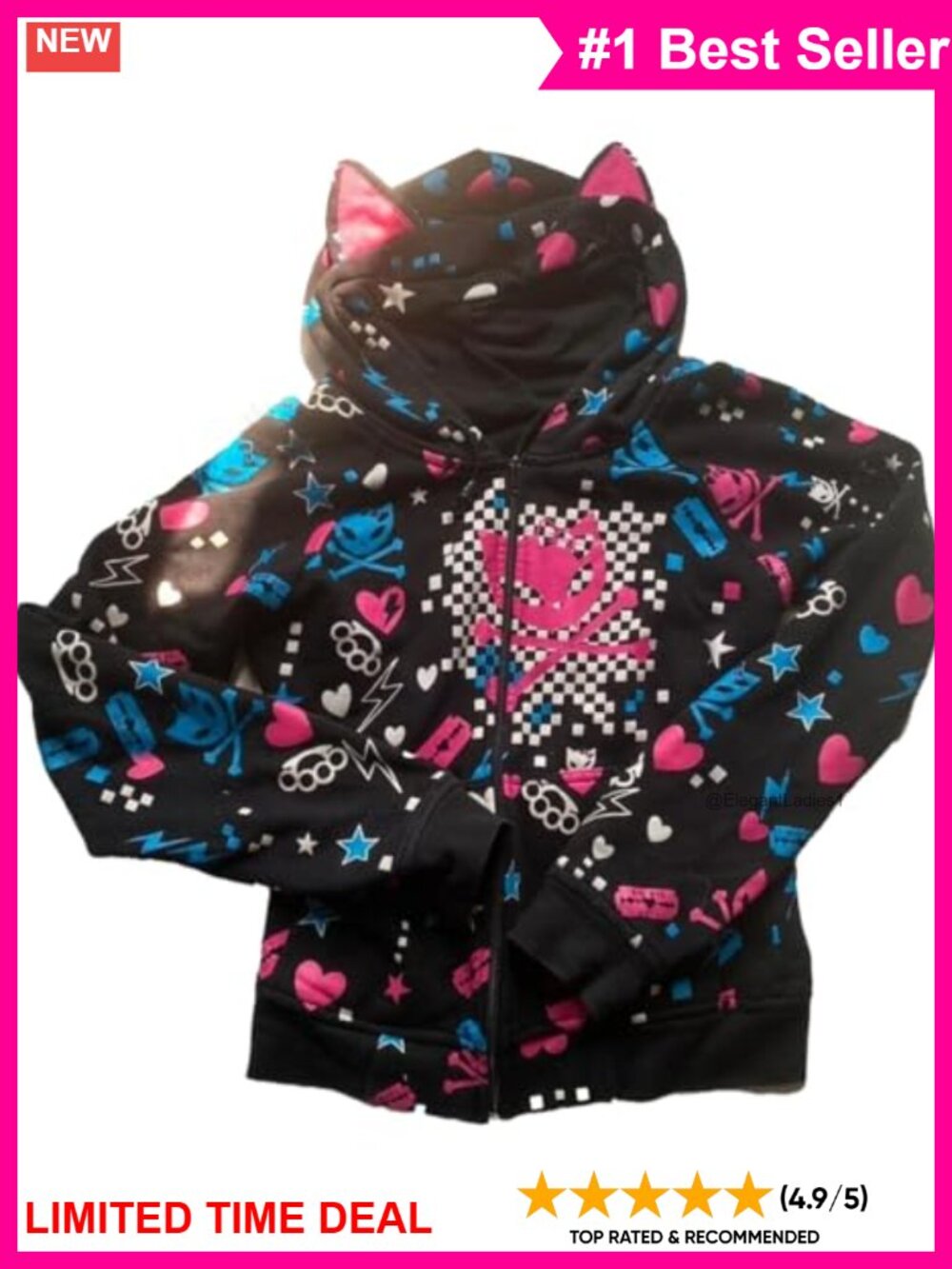 Y2K Skulls Pattern Zip Up Hoodie Cat Ears Punk Kawaii Sweatshirt